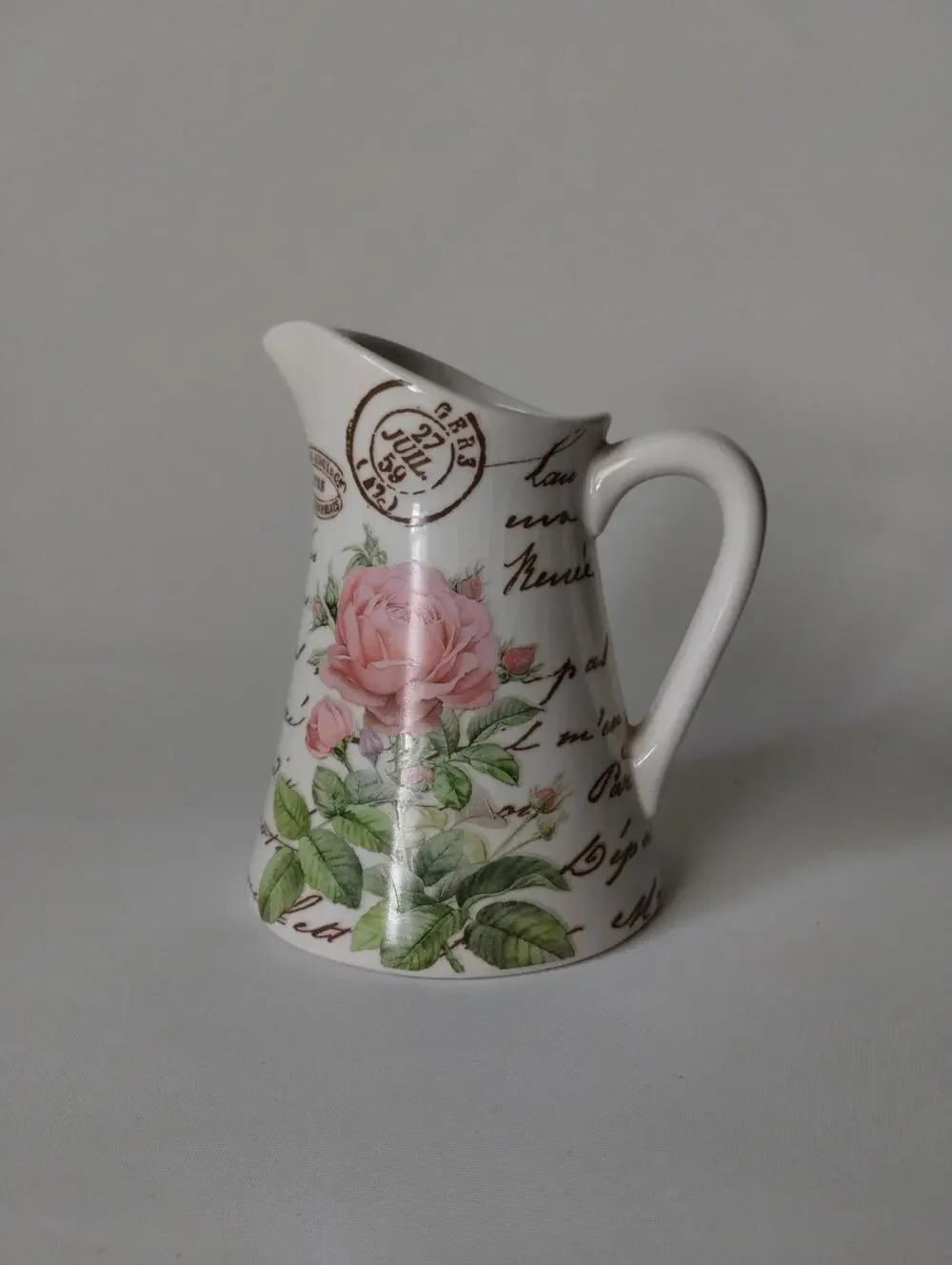 Teleflora Paris Rose Ceramic Pitcher Vase French Script Floral Shabby Chic